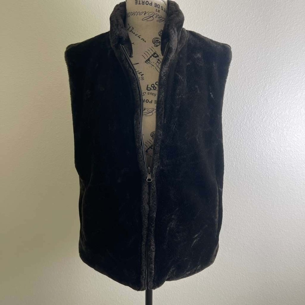 Blassport Womens Reversible Faux Fur Vest Brown Mock Neck Full‎ Zip Small